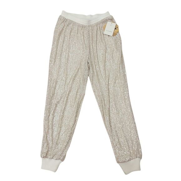 Calligraphie Sequin Pants Joggers Womens Small Beige Knit Comfort Glam Disco - Picture 1 of 12